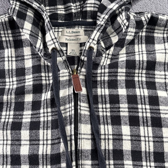 LL BEAN Womens Full Zip Hooded Jacket-All Cotton Black/White Plaid-Relaxed Fit L - Picture 10 of 16